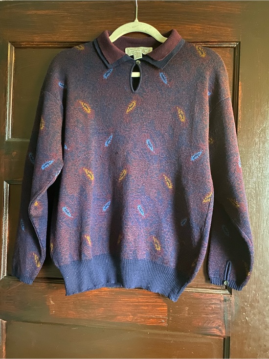 Tricots St Raphael Sweaters - 100% Wool Two-Tone Knit Sweater w/ Double Collar & Button Sleeves